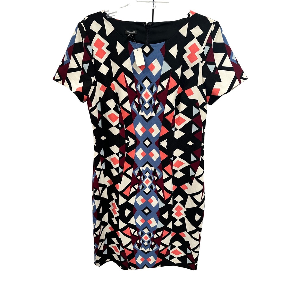 Talbots Geometric Abstract Print Short Sleeve Shift Dress Black Blue Coral 8